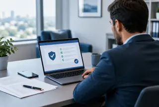 Personne vérifiant sur un ordinateur les informations réglementaires d’un opérateur de jeux en ligne, avec des documents administratifs sur le bureau.