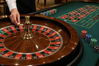 Table de roulette européenne photographiée de près, avec une roue à zéro vert, des cases rouges et noires, des jetons et la main du croupier plaçant la bille.